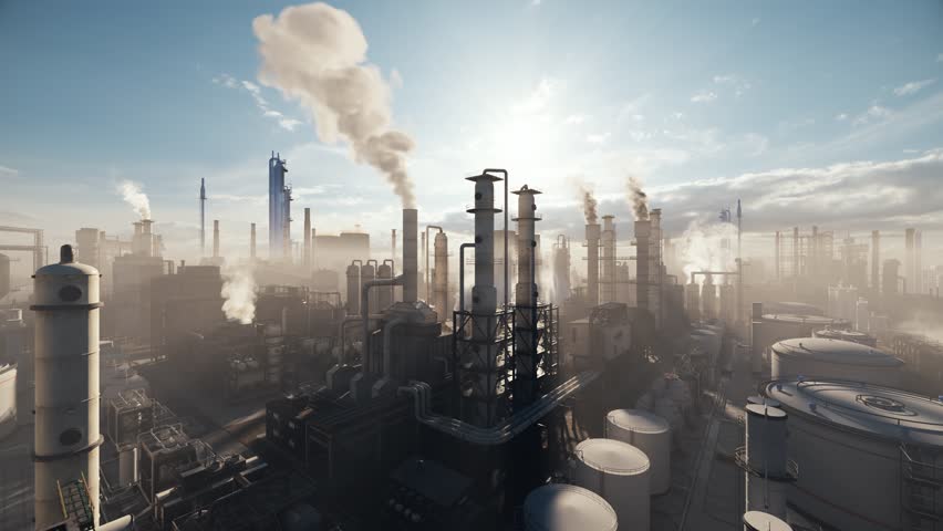 Oil Refinery and Petrochemical Plant at Sunrise — Aerial View of Industrial Complex with Smoke, Distillation Towers and Storage Tanks