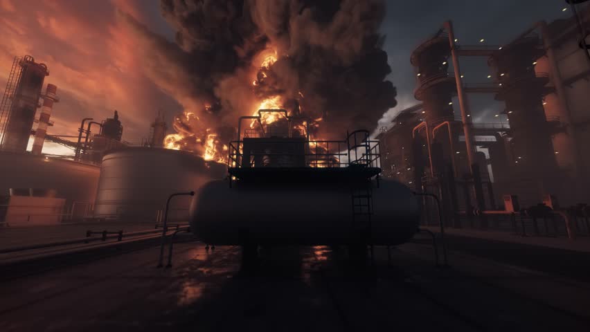 Oil Refinery Fire and Explosion — Ground Level View of Massive Flames and Black Smoke at Petrochemical Plant at Dusk