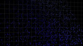 Top-left blue specks sparking, coalescing into twisting helix across black grid, showing data flow. Ribbon, particle, neon, panels, binary, code, depth - Powered by Shutterstock - Get 15% off with code: PIKWIZARD15