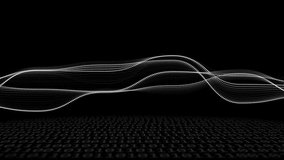 Dotted waves moving across void causing wireframe cube emerging, code scrolling, visualizing data. Abstract, holographic, prism, digital, neon, minimalist, matrix - Powered by Shutterstock - Get 15% off with code: PIKWIZARD15