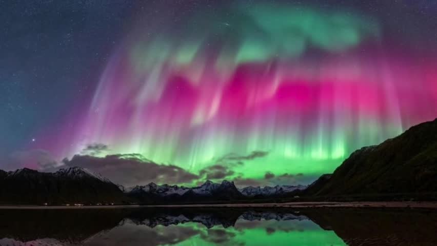 A stunning view of the Aurora Borealis (Northern Lights) over the serene snow-capped mountains. The aurora lights appear to dance in vibrant shades of neon green blending with dramatic pinks and purples.