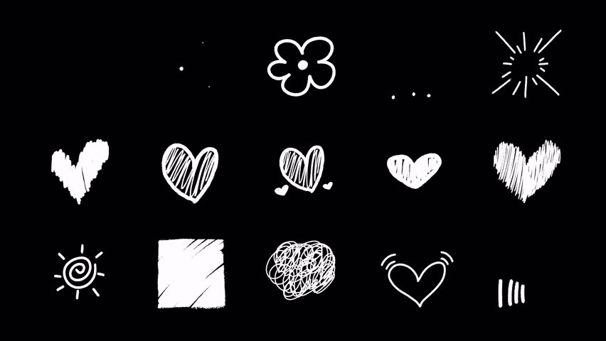 White Doodle Hearts and Sparkles Hand Drawn 2D Animation Elements with Transparent Background