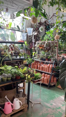 Gardening scene detailed. Greenhouse filled with plants and tools