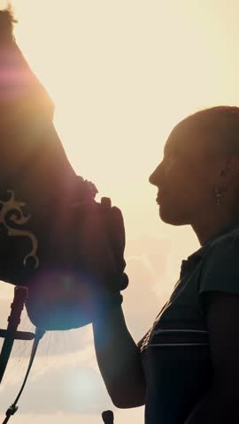 Horse riding. Horse love. Silhouettes of a young woman and her horse, at sunset, on sky background and sun rays backlight. friendship between man and horse. Equitation.