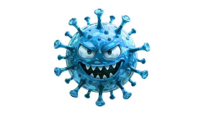 Angry blue coronavirus monster character illustration isolated on white background.