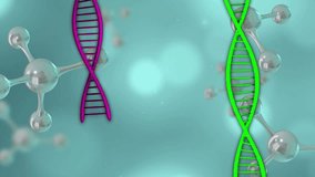 On start two DNA helices gliding rotating while metal clusters shifting making clean molecular view. Spiral, molecule, parallax, depth, gradient, teal, bokeh - Powered by Shutterstock - Get 15% off with code: PIKWIZARD15