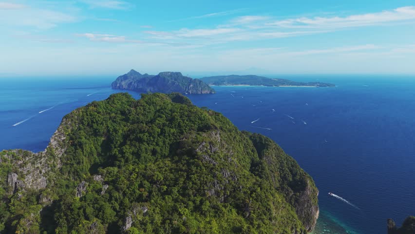 Aerial seascape of Maya Bay with limestone cliffs