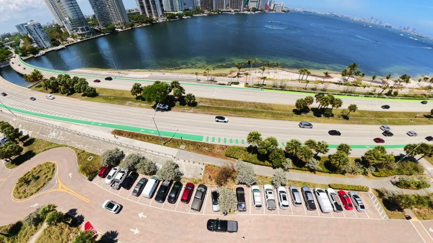 Aerial drone video Parking at Key Biscayne beach Miami Florida 2026 shot with fisheye lens