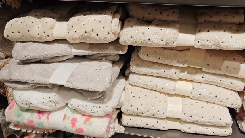 Assortment of blankets and towels in the supermarket. Bath towel stack on shelves in shop
