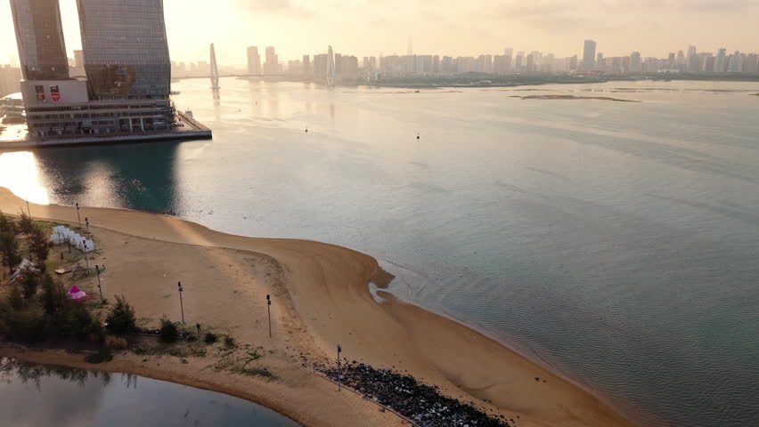 Haikou city skyline sunrise aerial view near Century Bridge, Hainan, China