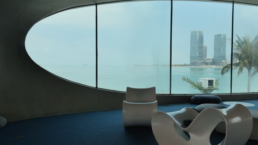 Interior view of Yundong Library (Cloudscape Library or Wormhole Library), Haikou Bay, China 