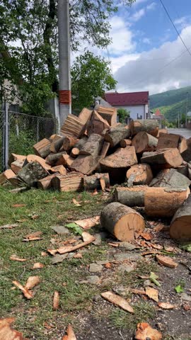 delivery of firewood being arranged in yard by man
