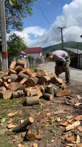 young worker moving delivered logs into backyard