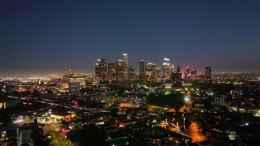 Los Angeles night drone shot. LA skyline aerial video. Los Angeles night timelapse. Downtown Los Angeles lights. Los Angeles skyscrapers at night.