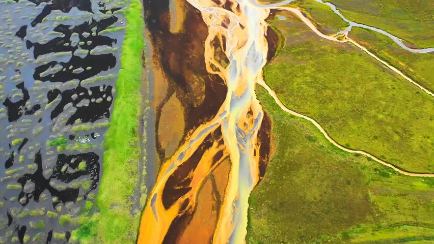 "Aerial Top Down View of Colorful Glacial Braided River Iceland"
