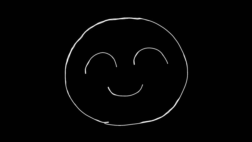 A line drawing illustration of a round, smiling face. A hand-drawn icon video with moving lines. A looping 4K animation. A decorative stamp of a drawing drawn freehand with a white pen on a black background.