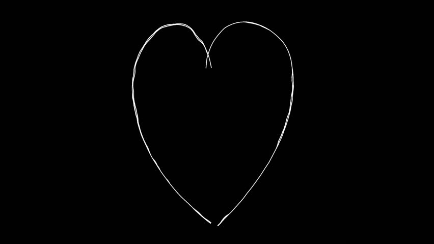 A vertically elongated heart-shaped doodle line art illustration. A hand-drawn icon video with moving lines. A looping 4K animation. A decorative stamp of a drawing drawn freehand with a white pen on a black background.