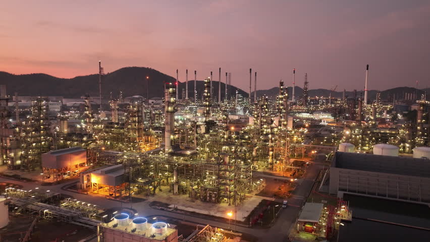 Glowing blue digital network lines flowing through a massive oil refinery and petrochemical plant at twilight. Smart factory technology, IoT infrastructure, and modern energy data management.