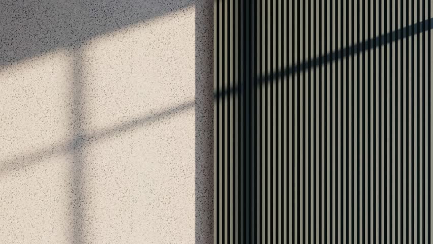 Aesthetic Modern Interior Wall Terrazzo and Dark Fluted Wood Panel with Moving Window Shadow