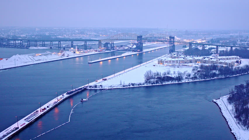 Aerial winter scene near the Soo Locks in Michigan’s Upper Peninsula