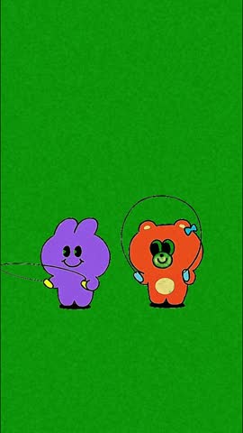 A purple and an orange cartoon character play with a jump rope on a solid green background, both have smiling faces and colorful handles