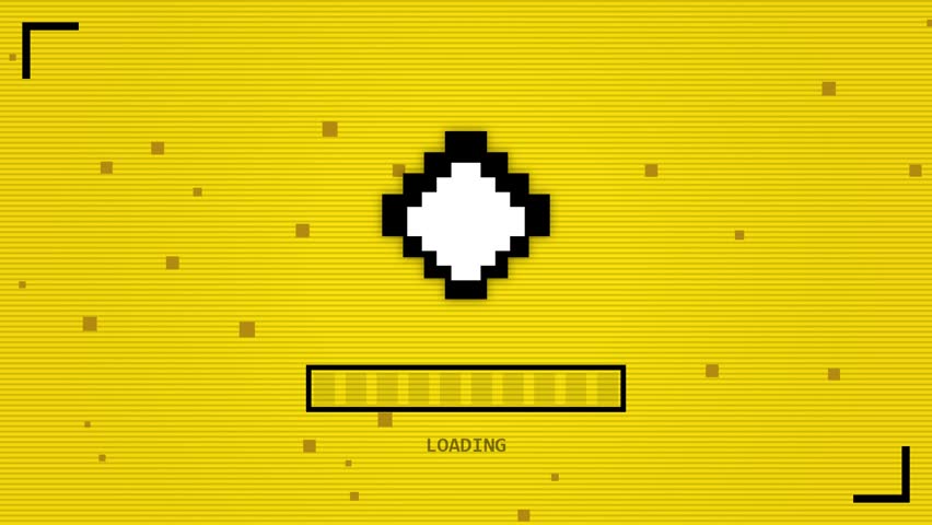 Retro 8-bit pixel art loading screen animation with colorful progress bar on yellow background with CRT scanlines