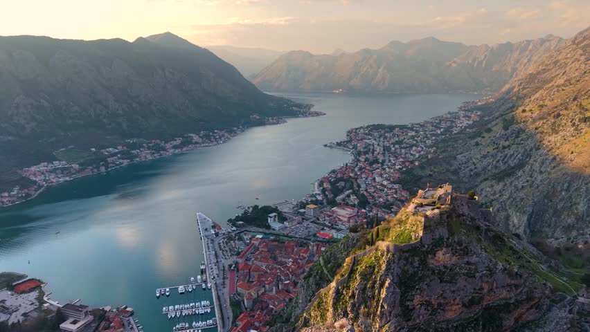 Kotor Old Town, Montenegro with Kotor Bay at sunset in spring season.