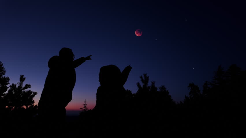 Amateur astronomers enjoying night sky with stars, planets, Moon eclipse and other celestial objects.