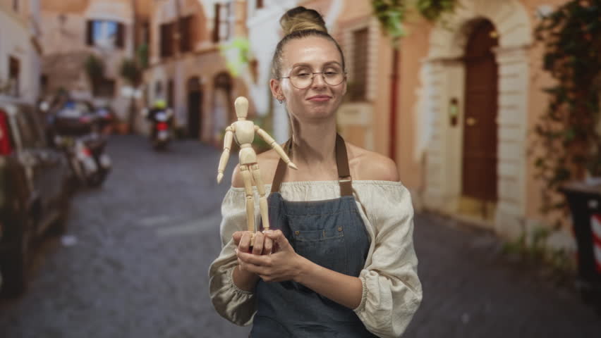 Woman in apron holding a wooden mannequin, smiling with hands clasped in front on a narrow cobblestone street; playful creativity.
