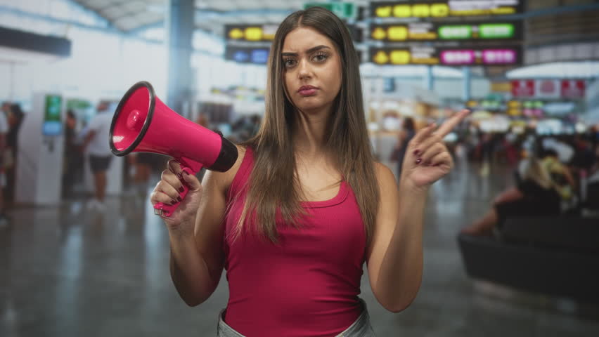 Woman holding pink megaphone and pointing finger upward in crowded airport departure hall, wearing a red tank top, looking upward with a determined expression; confidence urgency.