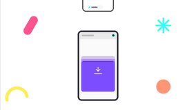 Animated smartphone displaying data transfer, download, or upload with a purple progress bar and abstract geometric shapes on a white background. - Powered by Shutterstock - Get 15% off with code: PIKWIZARD15