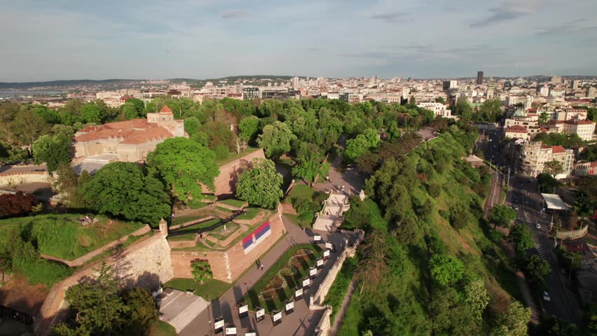 Beautiful aerial of Belgrade, Serbia with Kalamegdan Park. 4K