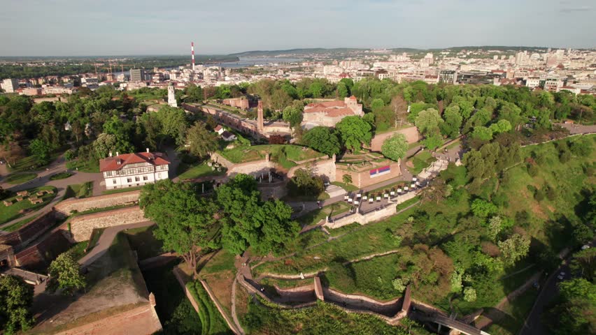 Gorgeous Kalamegdan Park and Belgrade Fortress, Serbia. 4K drone shot