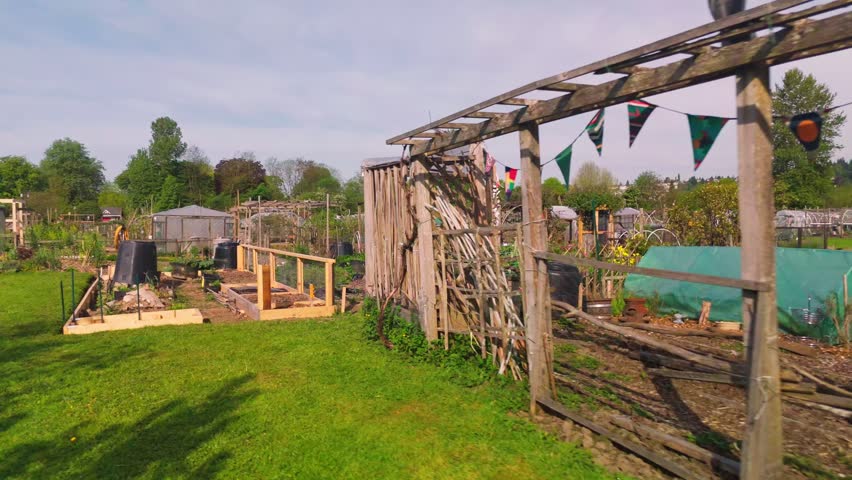 Panning perspective across a community garden allotment featuring newly constructed wooden raised beds and large black compost bins. The scene captures a variety of cultivation plots weathered