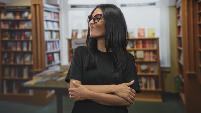 Woman arms crossed smiling in front of bookshelves in a bookstore inside a building; serene confidence.