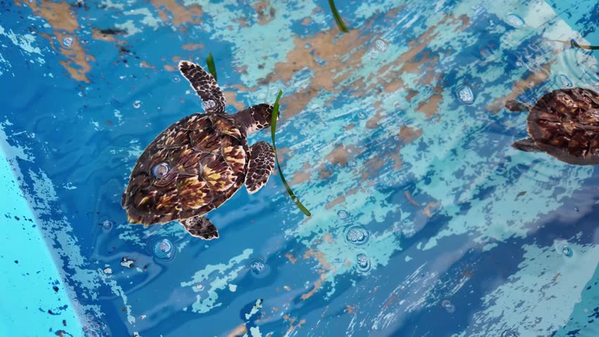 Close-up of baby Hawksbill sea turtle hatchlings swimming in conservation tank, in Los Roques rehabilitation marine center, endangered species in captive care, wildlife protection.