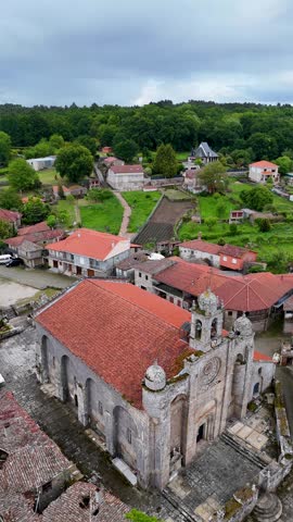 Historic stone church of Santa Marina de Augas Santas, a national monument located in a small rural village in Galicia, Spain