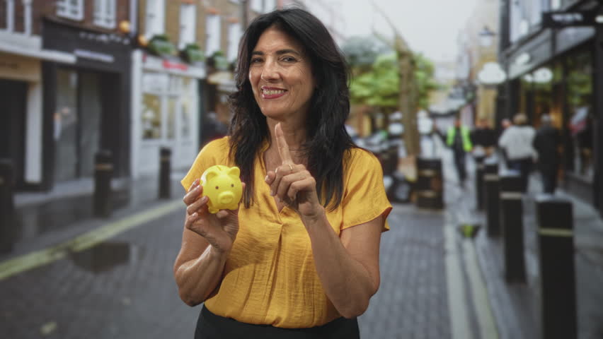 Woman holding yellow piggy bank, right hand raised in a money gesture on a busy street; saving optimism.