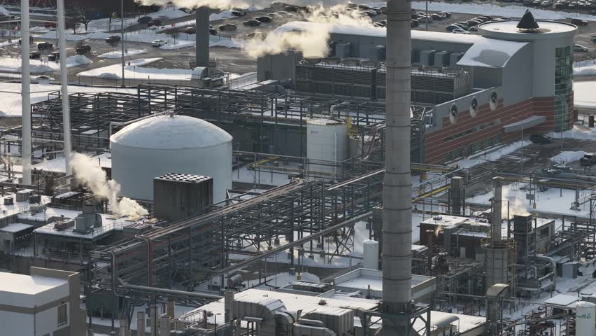 Aerial view of an industrial plant with storage tanks and smoking chimneys on a snowy day in Reading, Ohio, United States.