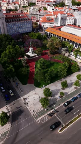 Establishing shot of Lisbon city plaza Praca dom Luis I surrounded by trees, blossoming jakaranda and pathways. Lisbon, Portugal. Vertical video
