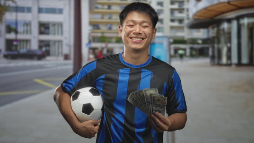 Young man in soccer uniform holding a soccer ball and fan of dollars in hand, smiling and showing money on a street; pride victory.