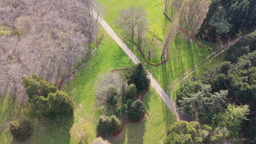 Aerial spring landscape featuring park pathways, blooming trees, green lawns, and relaxing natural outdoor environment