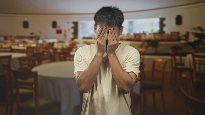 Young man covering his face with both hands in a building dining room near round tables and chairs; isolation anxiety.