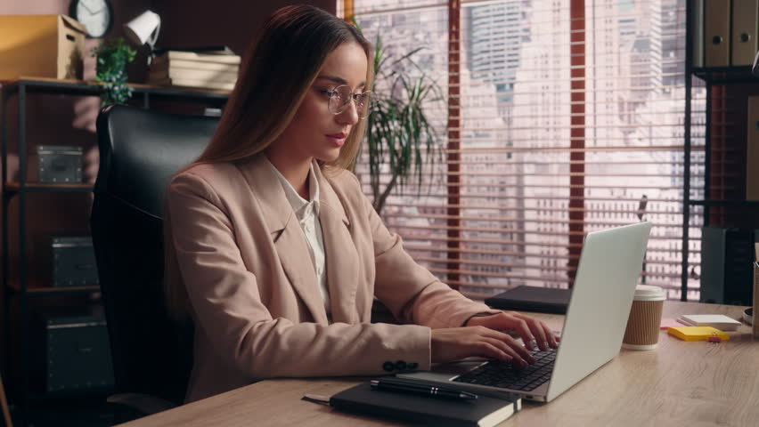 Caucasian business woman typing laptop work chat feeling headache worried about working problem female businesswoman girl working online computer using feel migraine health medicine trouble at office