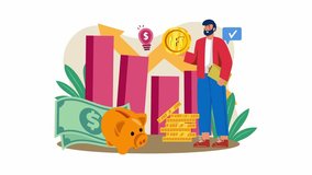 Professional 2D animation of a male investor analyzing crypto investment growth and financial charts. This explainer video features a financial analyst holding an NFT gold token alongside rising bar graphs, stacks of money coins, paper bills, and a piggy bank. High-quality motion graphics for portfolio management, digital banking returns, and cryptocurrency market analysis in a clean flat design style. Illustrations by hoangpts - Powered by Shutterstock - Get 15% off with code: PIKWIZARD15