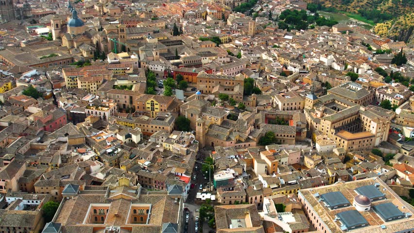 Aerial view around the old town of the old capitol city Toledo in the country of Spain  on a sunny day in summer