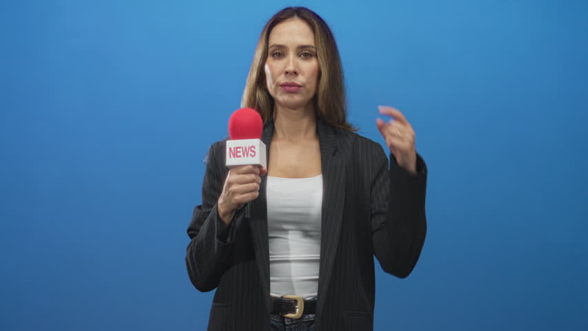 Woman wearing pinstripe blazer holding red microphone and holding up two fingers against blue studio backdrop; confident reporting authority.