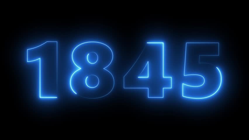 Glowing neon number 1845 sign with electric blue light effect on black background, numbers