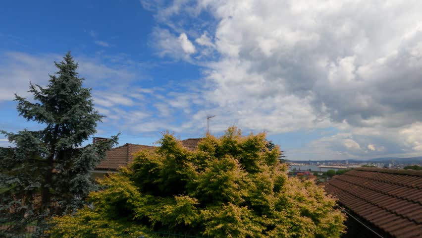 Pigeons take flight across a dramatic cloudy sky above suburban rooftops in Gijon, Spain. Wide ground-level shot ideal for wildlife, urban nature, or atmospheric city-edge content.