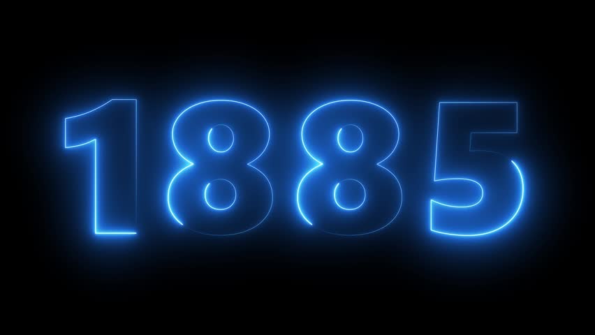 Glowing neon blue number 1885 sign with flickering electric light effect on black background, year date